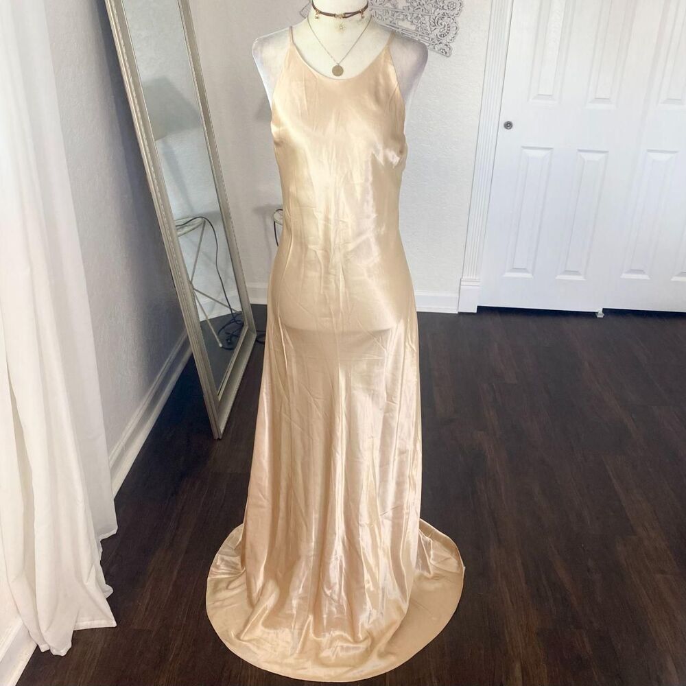 Hampton Nites Early 2000's Gold Champagne Satin Mermaid Prom Formal Dress 12 / L